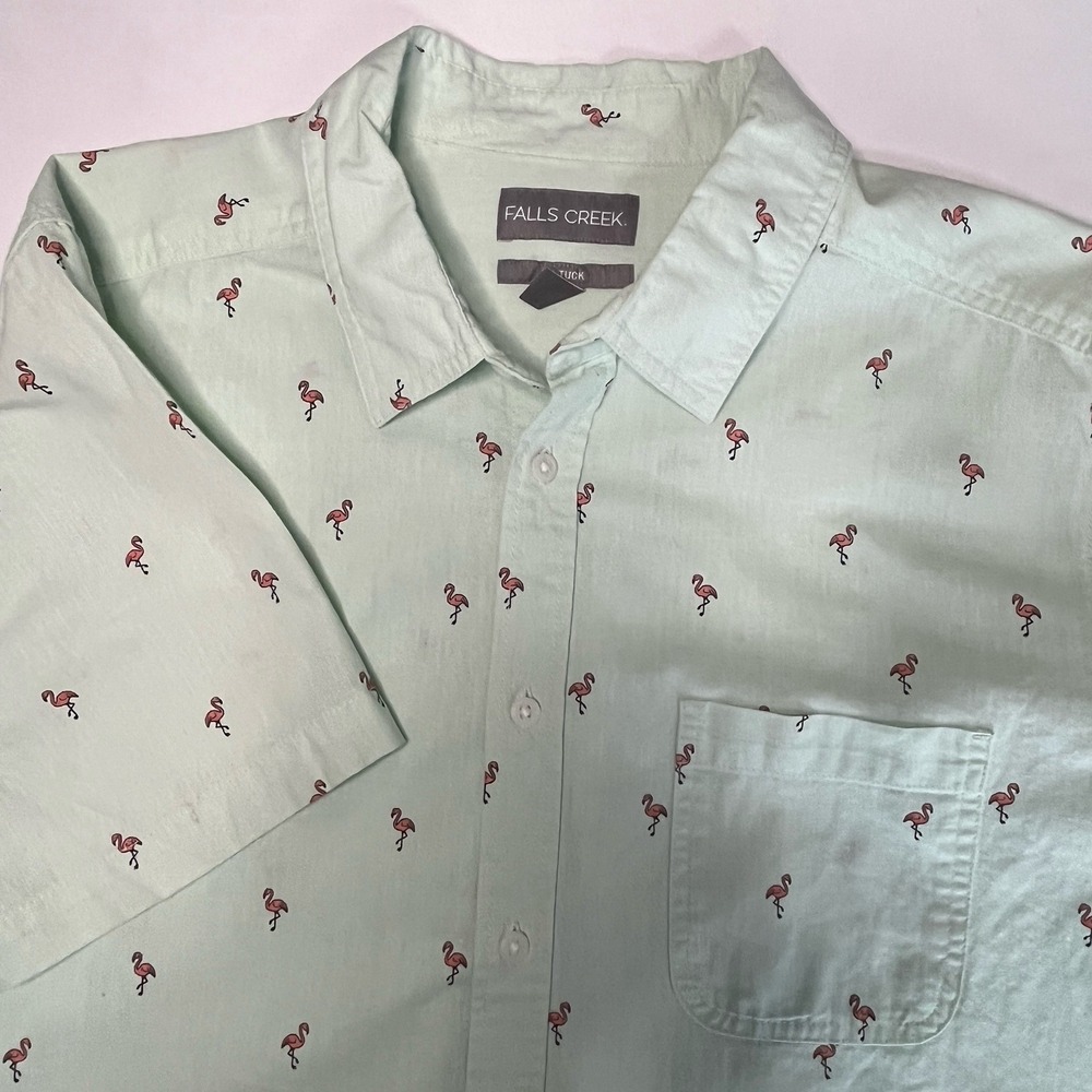 Falls Creek Men's Button Down Shirt Sz L Mint Green Flamingos Short Sleeve